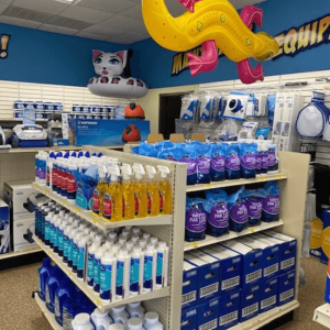 Shelf stocked with pool supplies