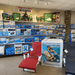 Display shelves with pool products